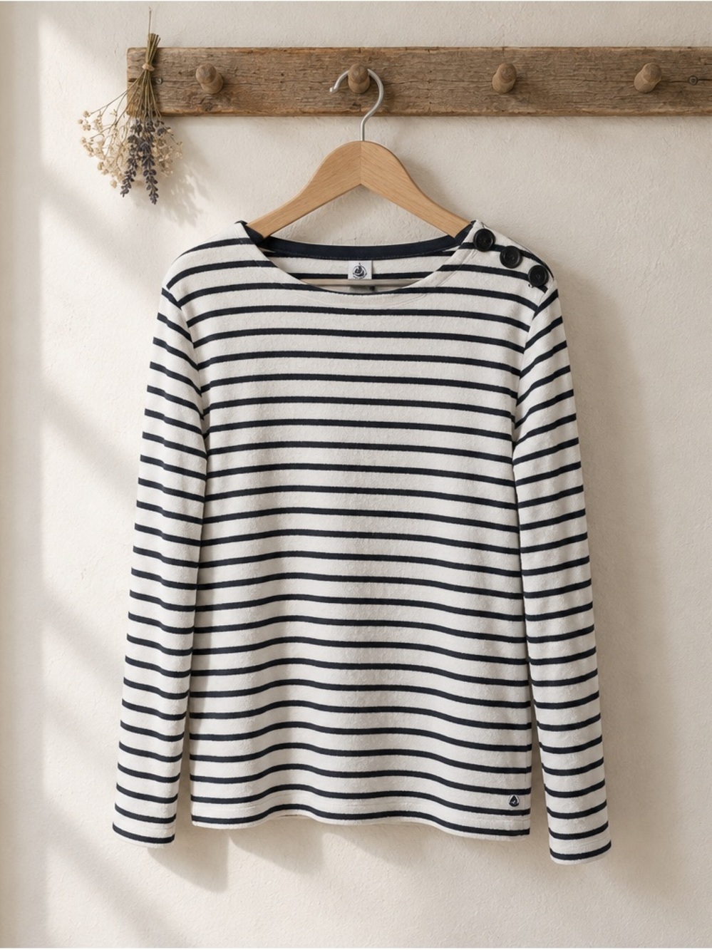 Petit Bateau White and Navy Striped Button-Shoulder Long Sleeve Tee